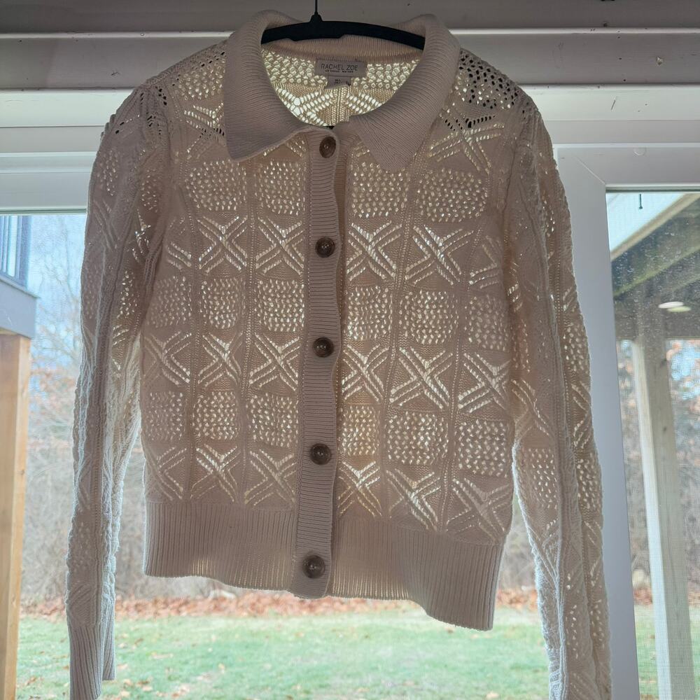 Rachel Zoe Cardigan Crochet Knit Collared Modern Women Size L Cream Ivory White - Picture 4 of 8